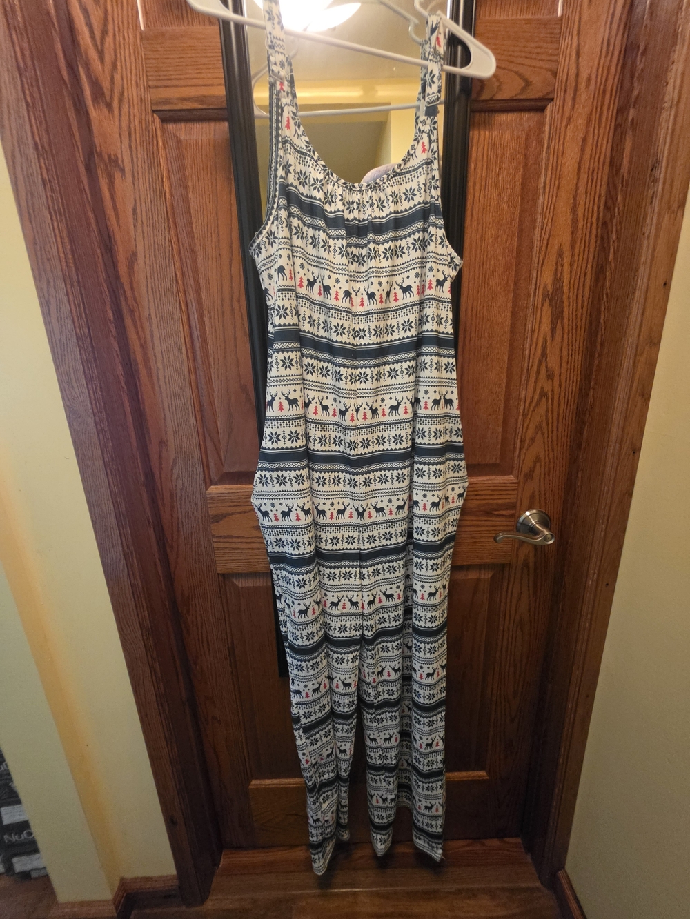 BloomChic White and Green Striped Fair Isle Sleeveless Jumpsuit with Red Accents